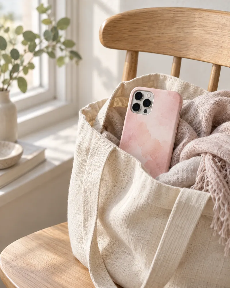 バッグからのぞく、水彩のケースのiPhone（イメージ）