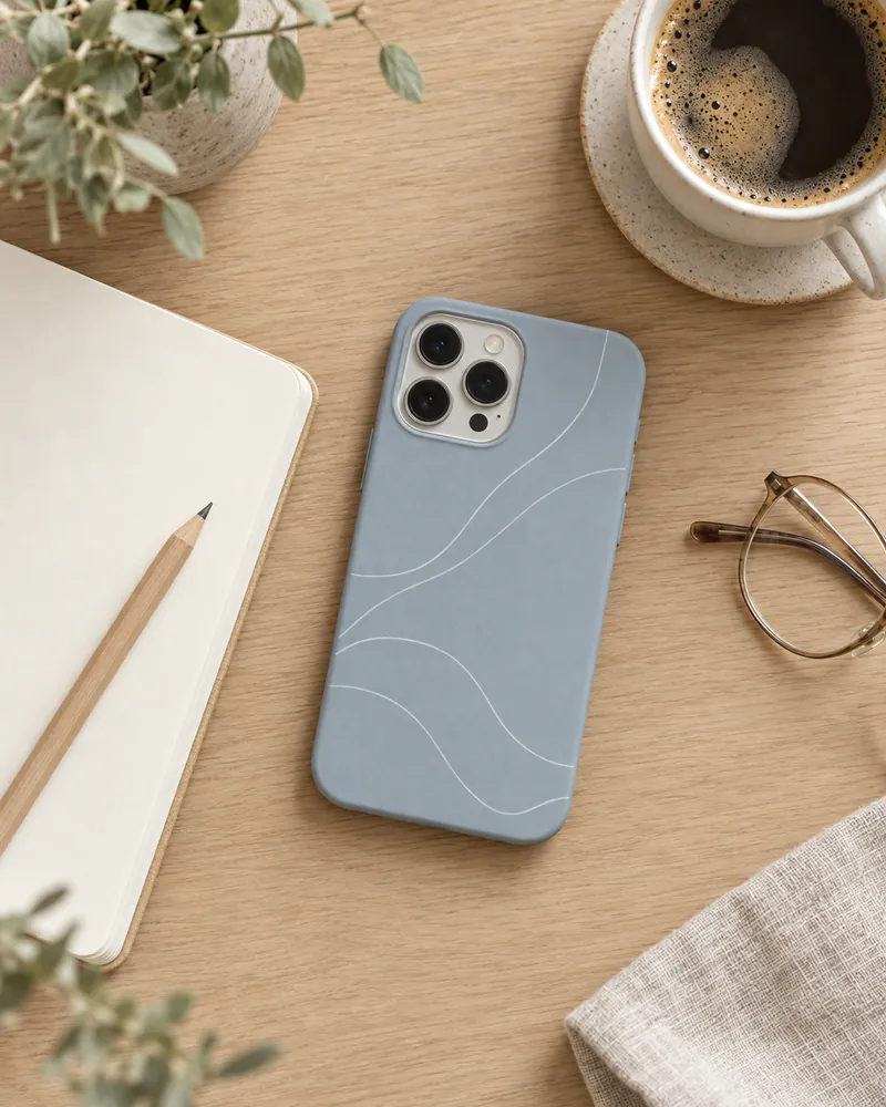 机の上に置いた、波の柄のケースのiPhone（イメージ）