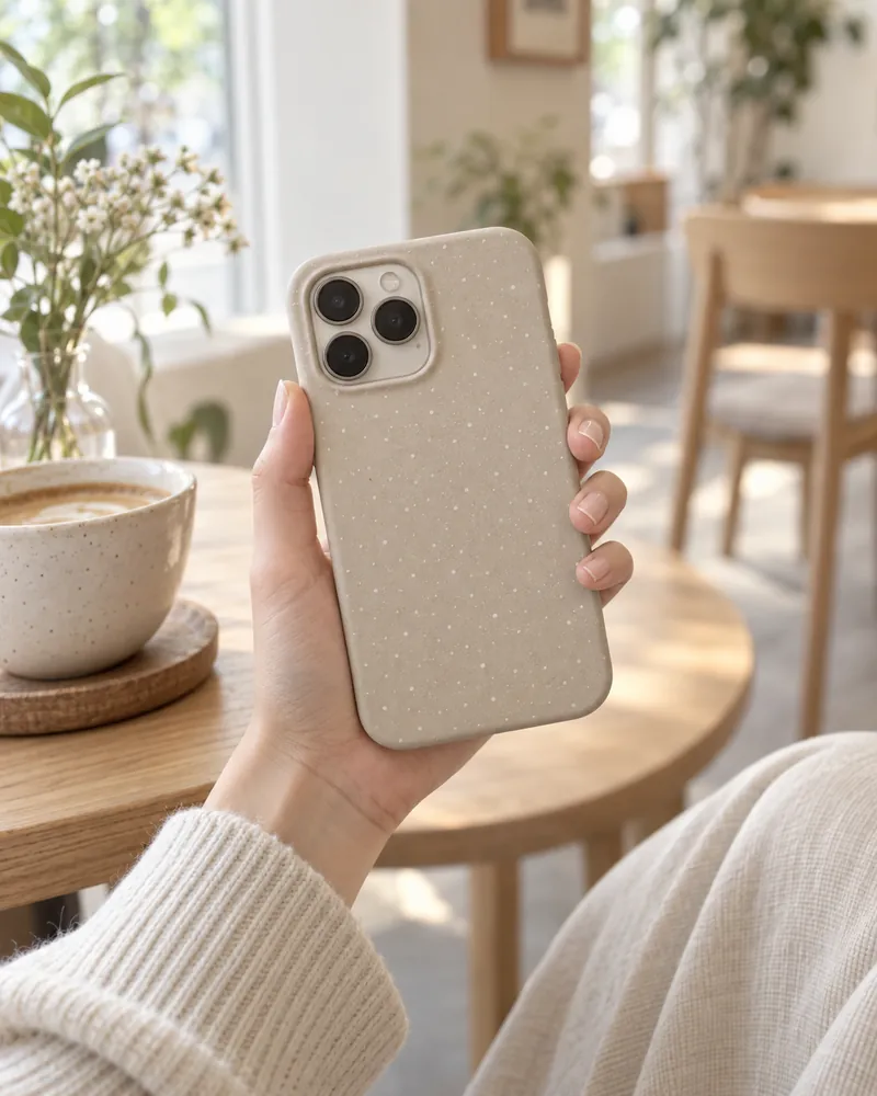 水玉のケースのiPhoneを手に持っているところ（イメージ）