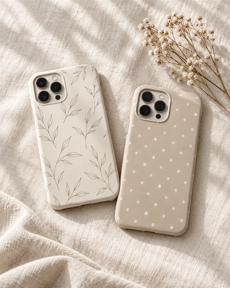 葉の柄と水玉のケースのiPhoneを2つ並べたところ（イメージ）