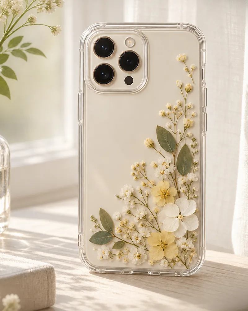 窓辺に立てた、押し花のクリアケースのiPhone（イメージ）