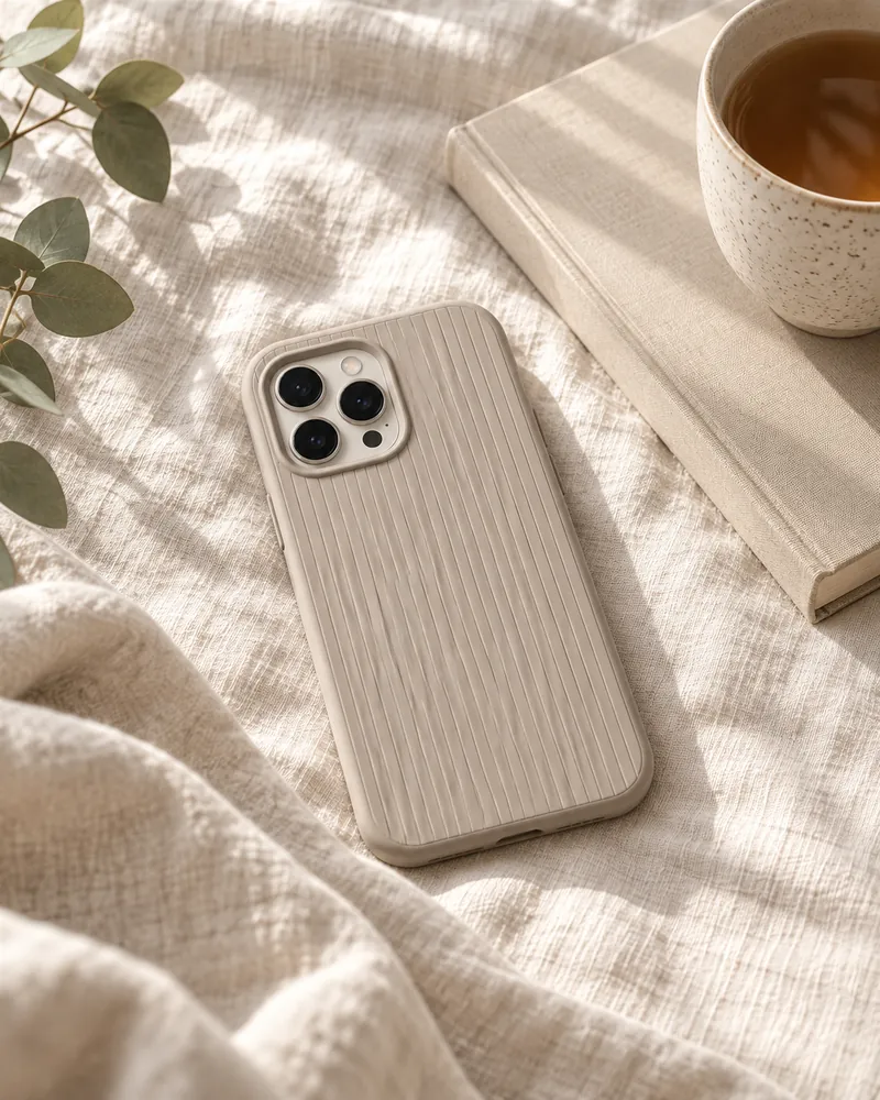 ベッドの上に置いた、縞の柄のケースのiPhone（イメージ）