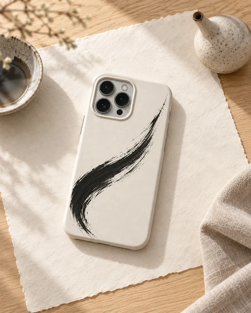 和紙の上に置いた、墨の柄のケースのiPhone（イメージ）